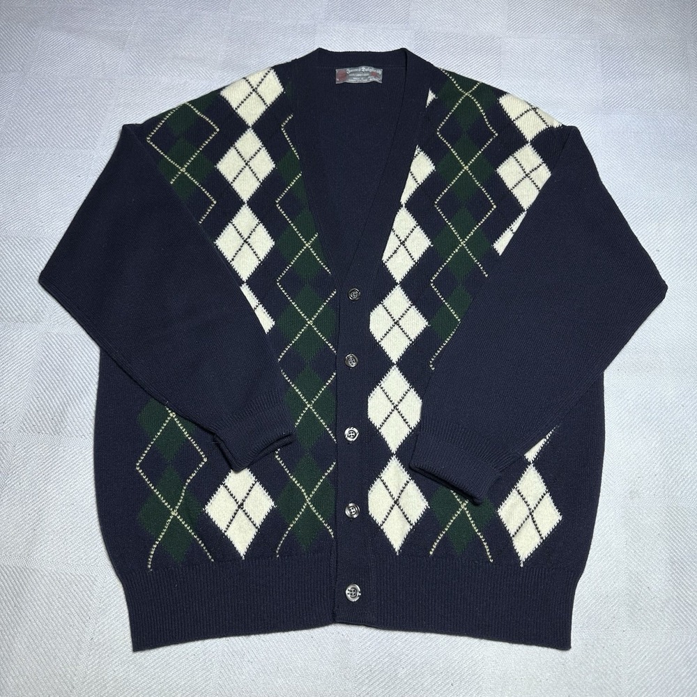 Vintage James Dalgliesh Cardigan Sweater Mens‎ XL Argyle Plaid Lambswool Knit